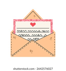 Love letter, vector icon. Open envelope, paper with handwritten text and heart. Romantic message, Valentines day mail. Declaration of sympathy, invitation to a date, wedding. Flat cartoon clipart