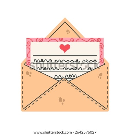 Love letter, vector icon. Open envelope, paper with handwritten text and heart. Romantic message, Valentines day mail. Declaration of sympathy, invitation to a date, wedding. Flat cartoon clipart