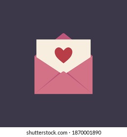 Love letter vector icon. White card with heart in pink envelope. Illustration in flat style.
