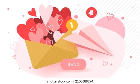 Love Letter Vector Illustration Concept.Valentines Day Mailing Template Or Banner. Big Open Envelope With Small Heart And Paper Airplane