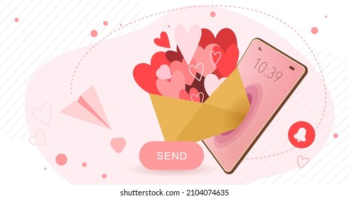 Concepto de ilustración vectorial de carta de amor.Plantilla de correo o banner de San Valentín. Gran sobre abierto con corazones pequeños saliendo de la pantalla del smartphone. 