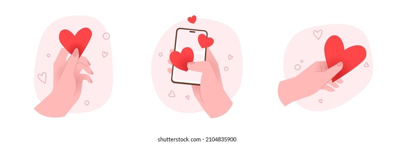 Love letter vector illustration concept.Valentines Day or dating app mailing template or banner. Female hand with hearts and smartphone. 