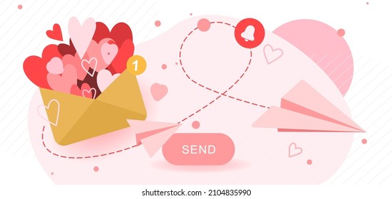 Love letter vector illustration concept.Valentines Day mailing template or banner. Big open envelope with small hearts and paper airplane