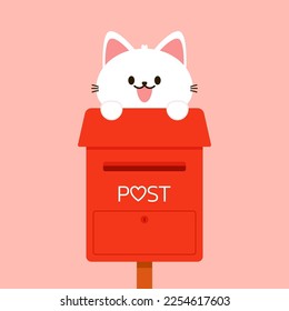 Love letter vector. Mailbox vector. mailbox on pink background. Love letter in mailbox. Cute cat in Valetine's day.