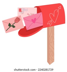 Vector de letras de amor. Vector de buzón. Carta de amor en el buzón. Material vectorial de una caja de correo con una carta de amor dentro.