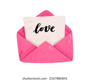 Love letter vector. Pink envelope with heart inside. Love clipart, valentine element in cartoon style isolated on white background.