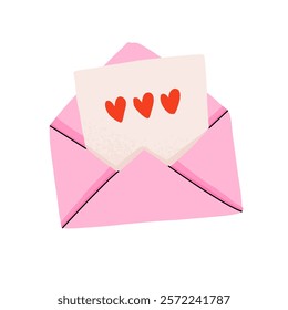 Love letter vector. Pink envelope with heart inside. Love clipart, valentine element in cartoon style isolated on white background.