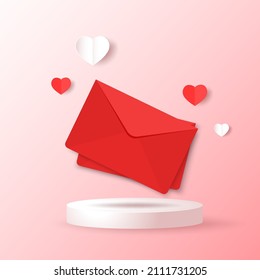 Love Letter. White Card With Red Paper Envelope Mockup Vector. Free Space For Text. Copy Space. Valentine's Card Vector.