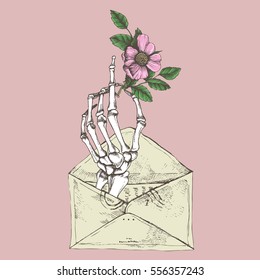 Love letter with a wild rose and a skeleton hand. Vector illustration hand drawn in vintage style.