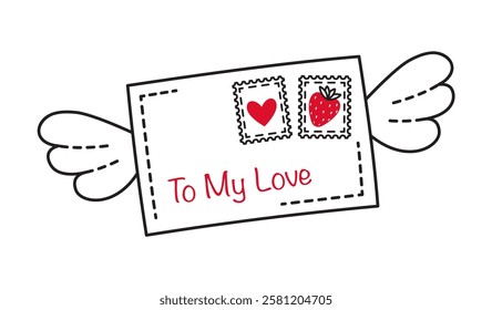 Love letter with wings doodle style Hand drawn trendy flat style love isolated icon symbol of love for web graphic design poster tattoo Valentines Day Greeting card line art Vector illustration