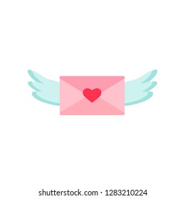 Love letter with wings icon. Valentine s Day elements. Flat style pictogram isolated on white. Love symbol, logo sign. Valentine s Day vector illustration.