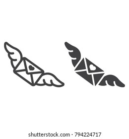 Love letter with wings line and glyph icon, valentines day and romantic, invitation sign vector graphics, a linear pattern on a white background, eps 10.