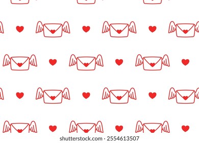 love letter with wings pattern on white background. envelope with love and wings line art vector pattern. doodle heart letter isolated seamless pattern. seamless pattern of love letter background