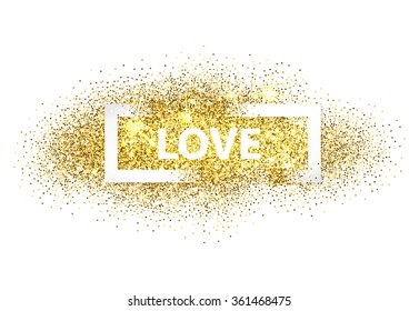 Love lettering. The 14th of February. The inscription on a cloud of stardust. Golden sparks. Gold blur background. Valentine's Day. Image. Illustration. Vector.