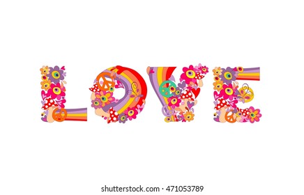 Love lettering with abstract colorful flowers