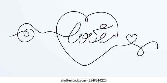 Love lettering. Calligraphic flourish love word. Valentine day hand drawn vintage wedding element. Swirl ornament, line style curls. Outline text divider.