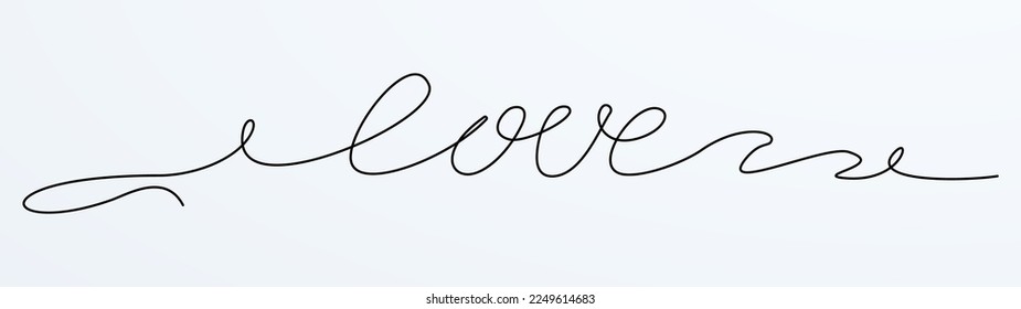 Love lettering. Calligraphic flourish love word. Valentine day hand drawn vintage wedding element. Swirl ornament, line style curls. Outline text divider.