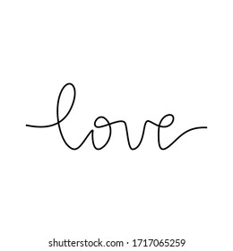Love lettering calligraphy text, continuous line drawing, handwritten lettering, decorations for greeting card, posters, print, single line on a white background, isolated vector line art.
