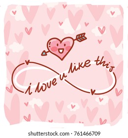 Love lettering Calligraphy text with doodles on romantic background with hearts. I love you infinitely. Cute hand drawn art illustration in cartoon style for card, poster, invitation