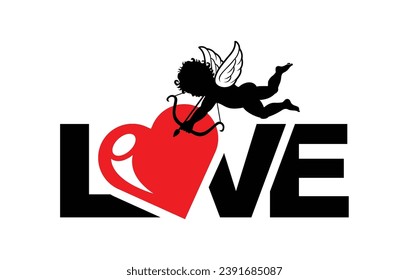 Love lettering with cupid and heart. Vector header template on transparent background