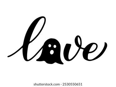 Love lettering with cute ghost. Halloween decorations. Vector template for typography poster, banner, sticker, shirt, etc