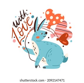 Love lettering and cute romantic bunny with heart balloons for St. Valentines day postcard. Calligraphy and rabbit composition for 14 February. Flat vector illustration isolated on white background