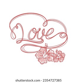 Amor, letras decoradas con flores dibujadas a mano. Camiseta, pegatina, tarjeta, vidrio, afiche.