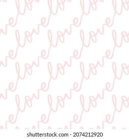 Love lettering diagonal repeat pattern script stripes in pink and white background print design. Pop art love core vector illustration. Fun and cute seamless repeat surface design for girls, kids and