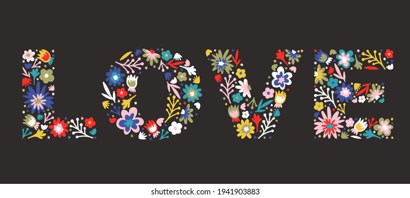 Love lettering of  doodle flowers and leaves. Hippie word LOVE. Multicolored. White isolated vector stock illustration (EPS10).