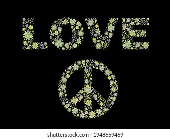 Love lettering of  doodle flowers and leaves with pacific. Hippie word LOVE. Purple, green, khaki, black. White isolated vector stock illustration (EPS10).
