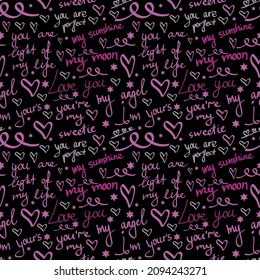 love lettering doodle seamless vector pattern, romantic print, love phrases , red hearts, happy valentines day, handwritten, calligraphy, english, black background