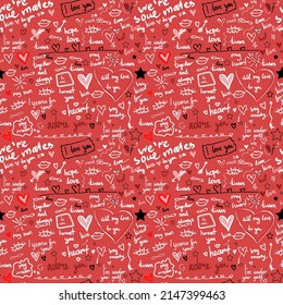 love lettering doodle seamless vector pattern, romantic print, love phrases , red hearts, happy valentines day, handwritten, calligraphy, english , red background