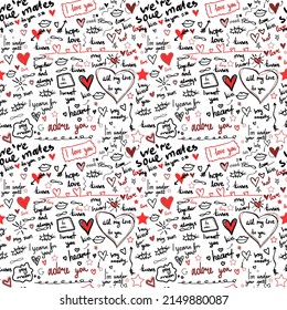 love lettering doodle seamless vector pattern, romantic print with love phrases and red hearts, handwritten calligraphy English letters