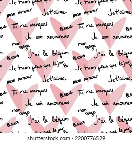 love lettering doodle seamless vector pattern, romantic print, love phrases , red hearts, happy valentines day, handwritten, calligraphy, French
my angel, i miss you, kisses, i'm in love, my love