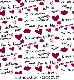 love lettering doodle seamless vector pattern, romantic print, love phrases , red hearts, happy valentines day, handwritten, French language,
my angel, i miss you, kisses, i'm in love, my love