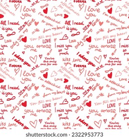 love lettering doodle seamless vector pattern, romantic print, love phrases , red hearts, happy valentines day, handwritten, calligraphy, english , language of love