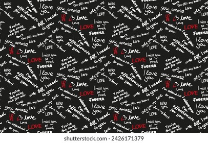 love lettering doodle seamless vector pattern, romantic print, love phrases , happy valentines day, handwritten, calligraphy, english, 14 February, black background