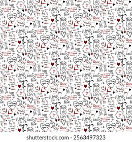 love lettering doodle seamless vector pattern, romantic print, love phrases , red hearts, happy valentines day, handwritten, calligraphy, english ,endless