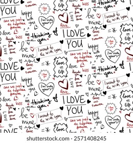 love lettering doodle seamless vector pattern, romantic print, love phrases , red hearts, happy valentines day, handwritten, calligraphy, english ,endless. White background isolated