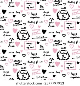 love lettering doodle seamless vector pattern, romantic print, love phrases , red hearts, happy valentines day, handwritten, calligraphy, english