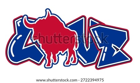 Love lettering featuring a buffalo as the “O”, in red and royal blue tones. A bold, urban style perfect for sports-inspired street art and graffiti.
