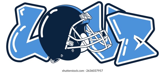 LOVE lettering featuring a football player helmet as the “O”, in sky blue and navy blue tones. A bold, urban style perfect for sports-inspired street art and graffiti.