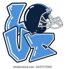 LOVE lettering featuring a football player helmet as the “O”, in sky blue and navy blue tones. A bold, urban style perfect for sports-inspired street art and graffiti.