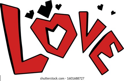 Love lettering. Hand darwn vector stock lettering of word love with geometric black hearts. Horizontal. Isolated on white background. Design for Valentines day background, cards. Romantic concept. Red