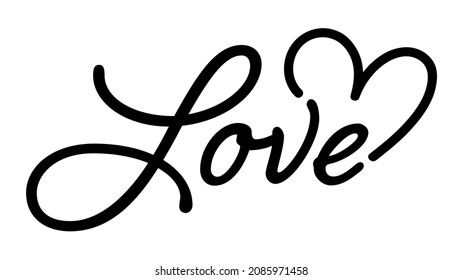 Love Lettering In Handwritten Cursive Style With Love Heart Drawing. 'Love' Typography Vector Design In Hand-Drawn Font