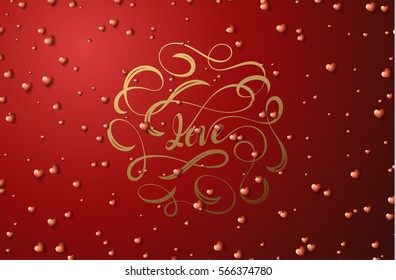 Love lettering. Happy Valentines Day for greeting card. Bright red hearts on a red background. Festive banner and poster.