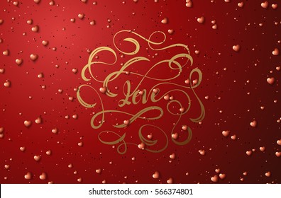 Love lettering. Happy Valentines Day for greeting card. Golden beads on a red background. Festive banner and poster.