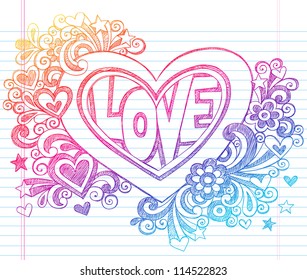 Love Lettering Heart Back to School Sketchy Notebook Doodles with Flowers, Stars, Swirls- Hand-Drawn Vector Illustration Design Element on Lined Sketchbook Paper Background