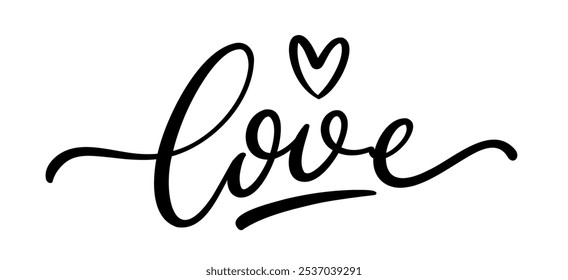 Letras de amor com ilustração de coração, letras desenhadas à mão. Frase curta. Design de texto caligráfico manuscrito de vetor isolado em fundo branco.