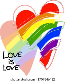 Love is love lettering  heart with rainbow. Slogan against homosexual discrimination Gay parade slogan. Vector hand drawn doodle sketch lgbt rainbow flag heart and love is love lettering isolated .